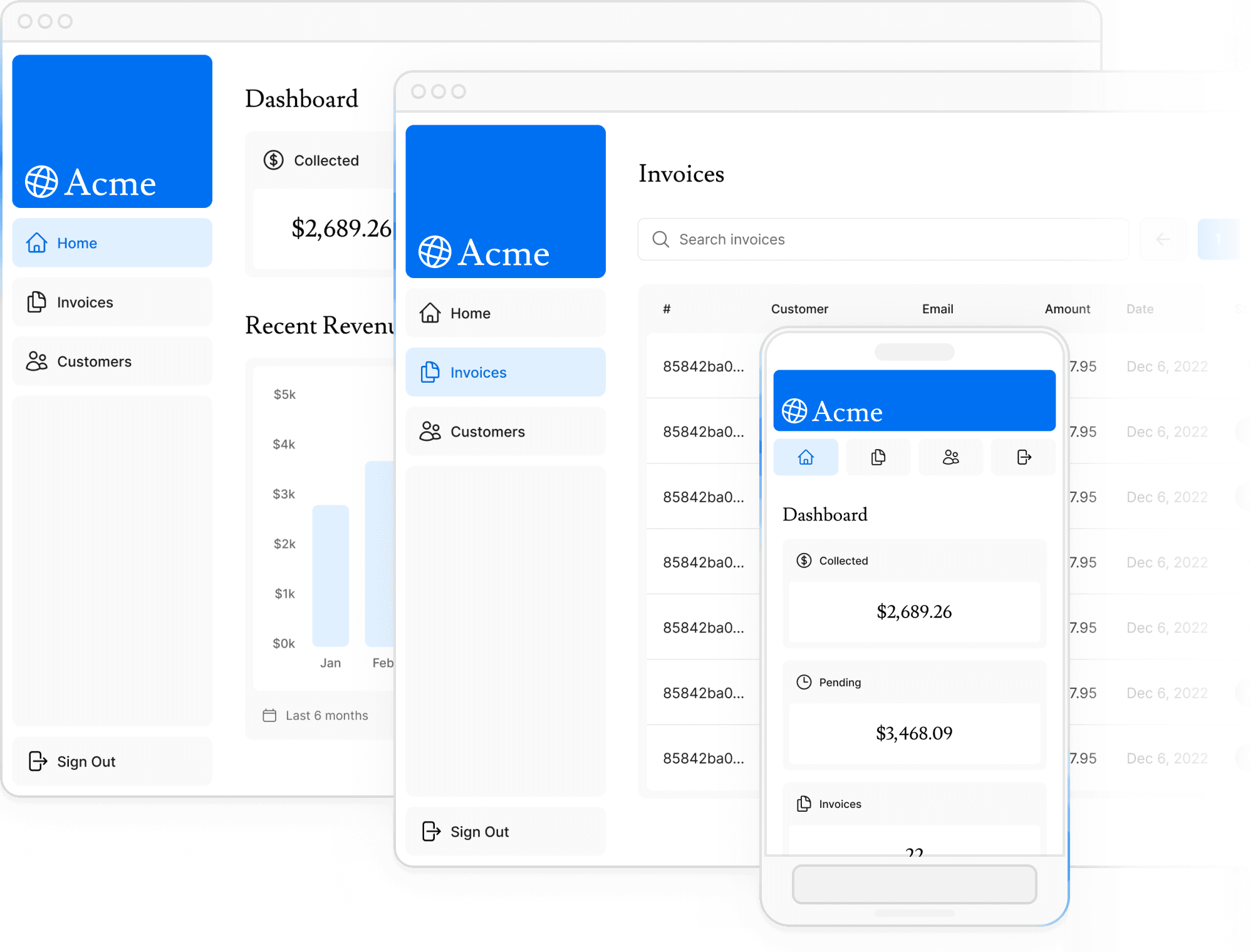 Screenshots of the dashboard project showing desktop and mobile views